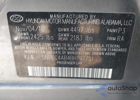 2011 Hyundai Sonata Se 2.0T z USA, uszkodzony, nr VIN 5NPEC4AB4BH197751